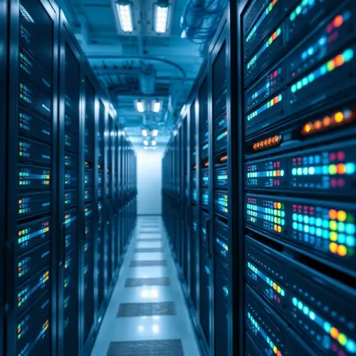 Rows of server racks with blinking lights and cables in a modern data center, depicting digital infrastructure.