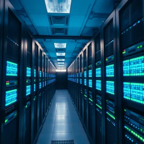 Rows of modern server racks with indicator lights in a data center, representing computing infrastructure.