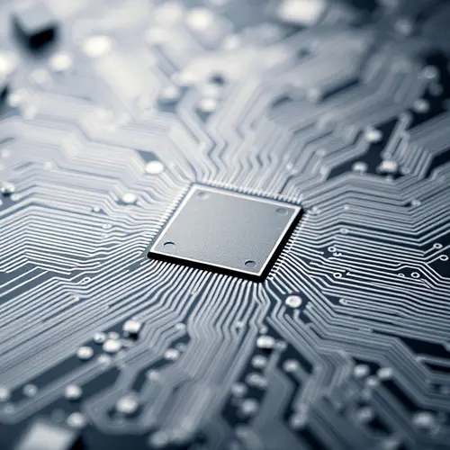 Close-up of an advanced silicon wafer showing detailed microchip circuitry