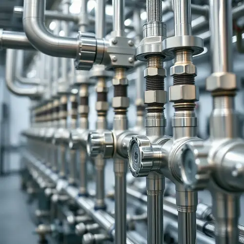 Detailed view of stainless steel industrial pipes and valves