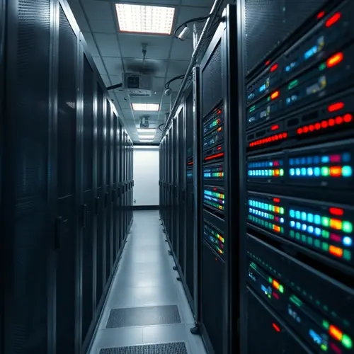 Close-up of a server rack with blinking lights in a modern data center.