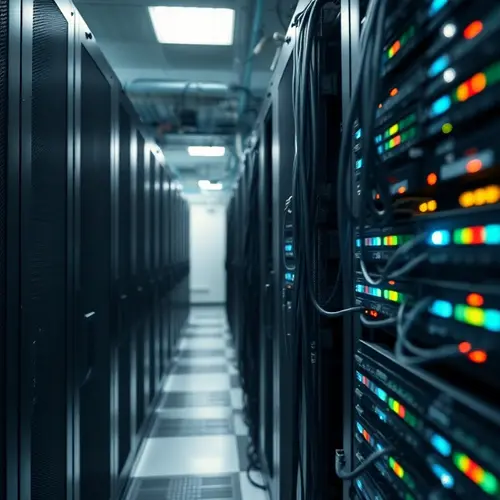 Rows of server racks with blinking lights and organized cables in a modern data center