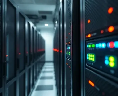 Server racks with indicator lights in a data center