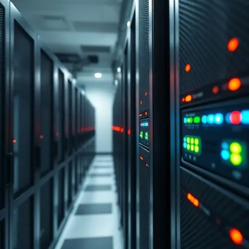 Server racks with indicator lights in a data center