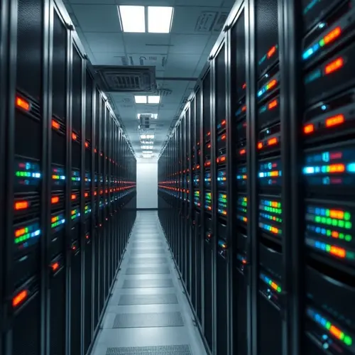 A wide-angle view inside a modern data center, showing multiple rows of server racks with blinking lights.