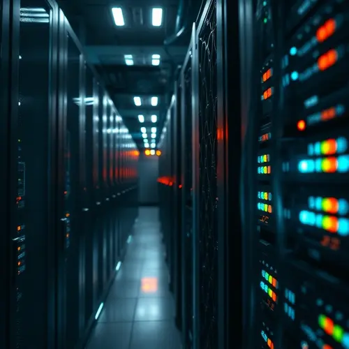 A detailed view of a server rack with illuminated indicators and neatly arranged cables in a large data center.