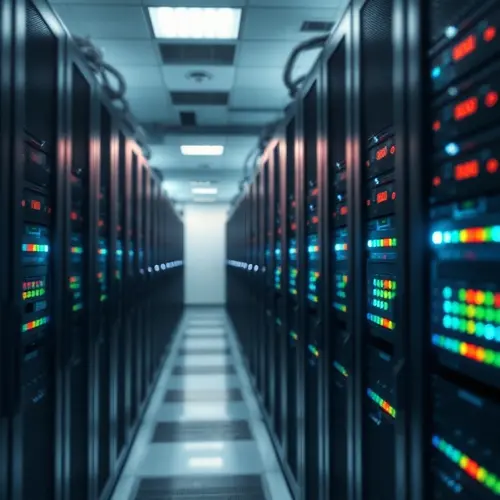 Image shows rows of server racks with indicator lights in a modern data center.
