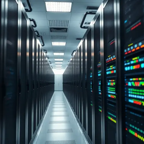 Image showing rows of high-performance servers in a modern data center aisle.