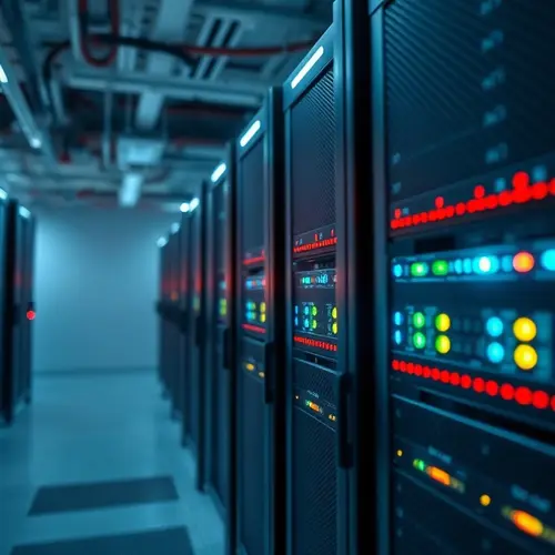 A row of modern server racks with blinking indicator lights inside a large, cool data center.