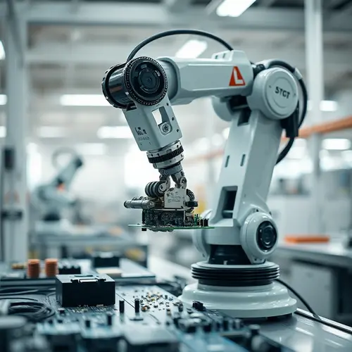 A robotic arm working on a circuit board in a factory setting, symbolizing AI in industry.