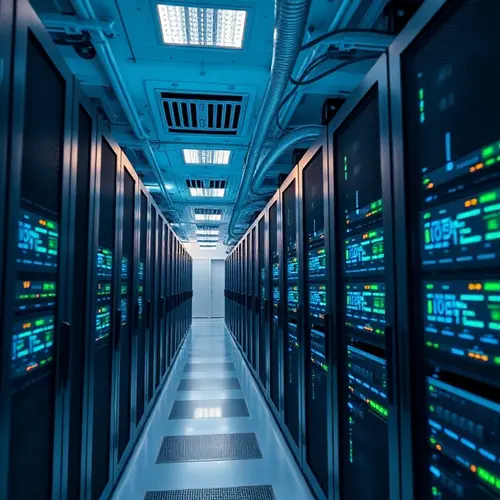 A pristine data center with multiple rows of server racks, illuminated indicator lights, and neatly organized network cables.