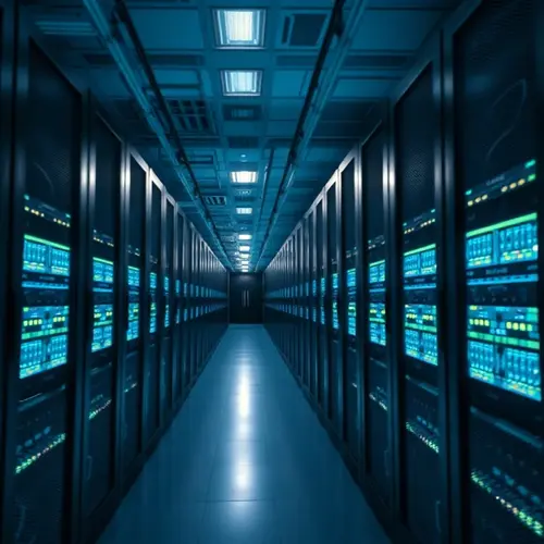 Server racks illuminated in a modern data center aisle, representing computing infrastructure.