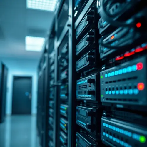 A close-up view of a server rack in a modern data center, showing the front panels and indicators of multiple servers.