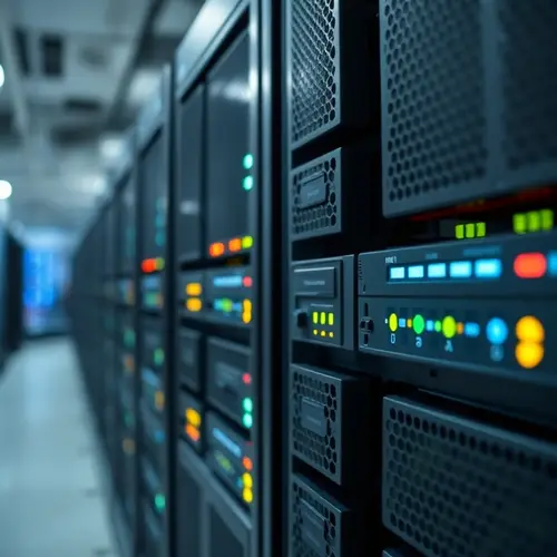 Detailed view of a contemporary server rack with indicator lights in a data center.