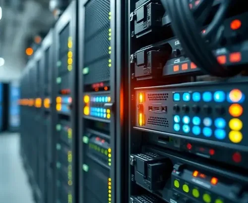 A server rack in a data center with indicator lights and network cables.