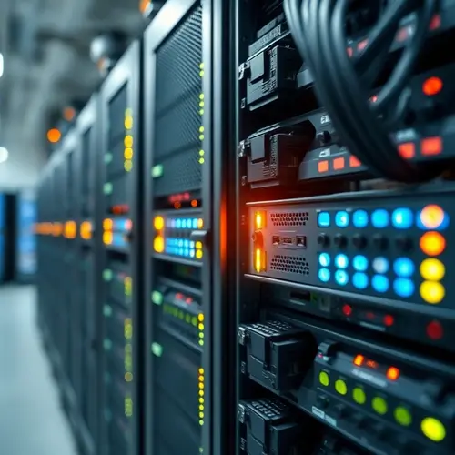A server rack in a data center with indicator lights and network cables.
