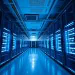 Rows of servers in a modern data center, representing technological infrastructure.