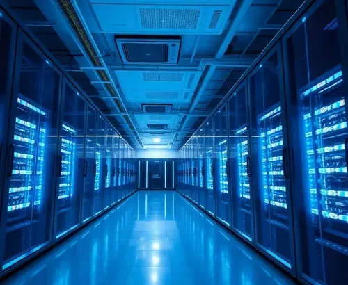 Rows of servers in a modern data center, representing technological infrastructure.
