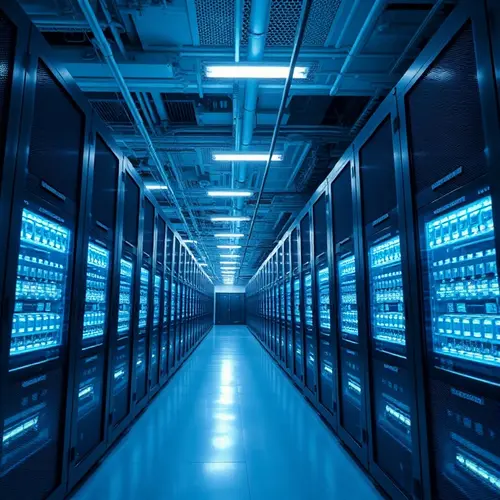 A long perspective shot of server racks inside a modern data center with cool blue lighting.