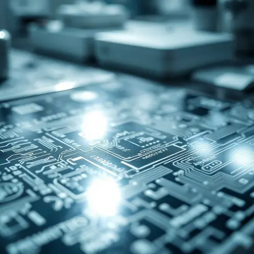 Close-up of a highly detailed silicon wafer with visible circuit patterns in a sterile lab setting.
