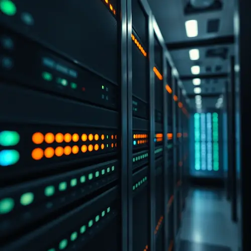 Close-up view of a server rack within a modern data center, showcasing blinking lights and detailed hardware.