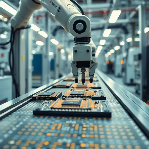 A robotic arm assembles microchips on a production line in a manufacturing facility.