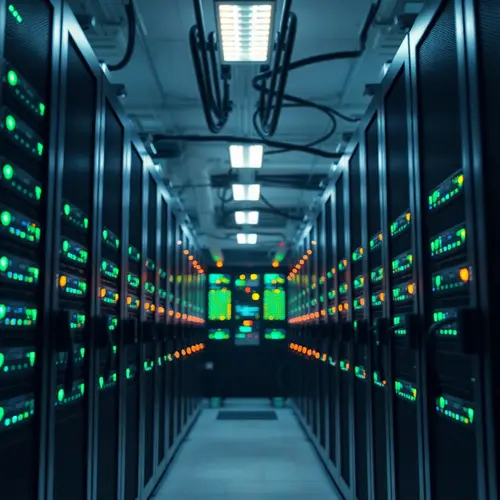 A sterile, well-lit server room with multiple racks of computer servers and networking equipment.