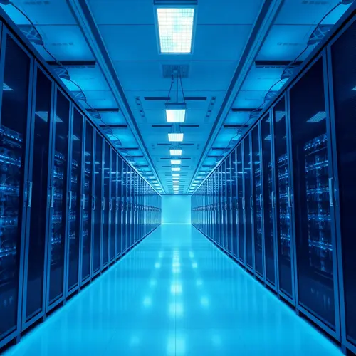 Rows of server racks inside a modern, well-lit data center facility, representing technological infrastructure.