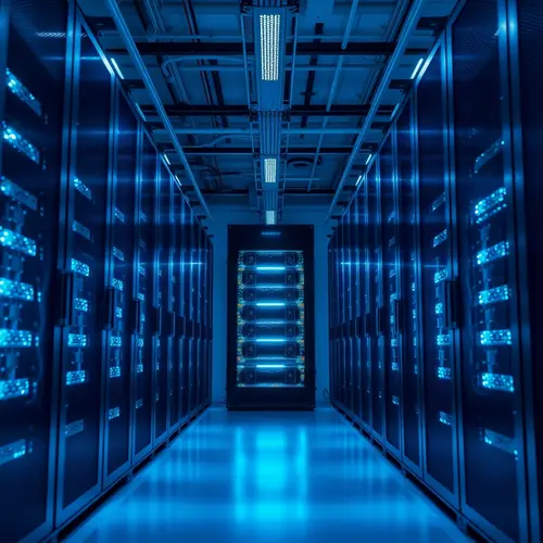 Rows of server racks in a modern data center with blue lighting.