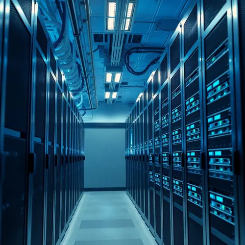 An aerial view of a clean, modern data center aisle showing rows of server racks with blue ambient lighting.