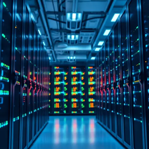 Rows of server racks with active lights in a professional data center environment