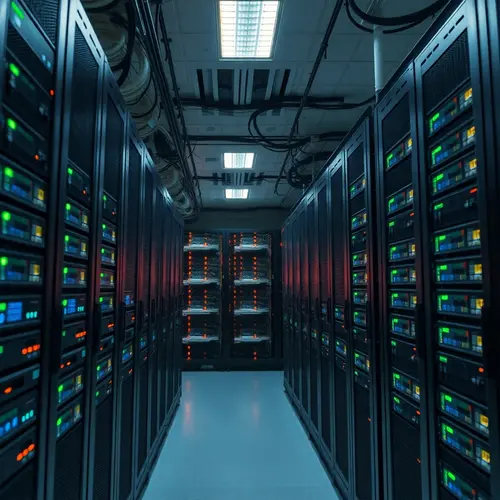 An interior shot of a contemporary server room with numerous server racks and networking equipment.