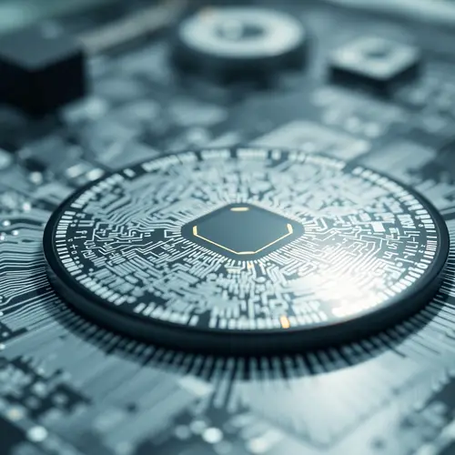 A close-up view of a silicon wafer with complex microchip patterns in a clean room.