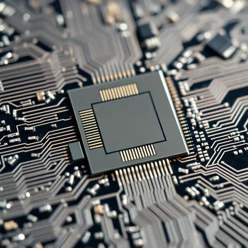 An extreme close-up view of a complex semiconductor wafer, showing intricate metallic circuitry and microchip details.