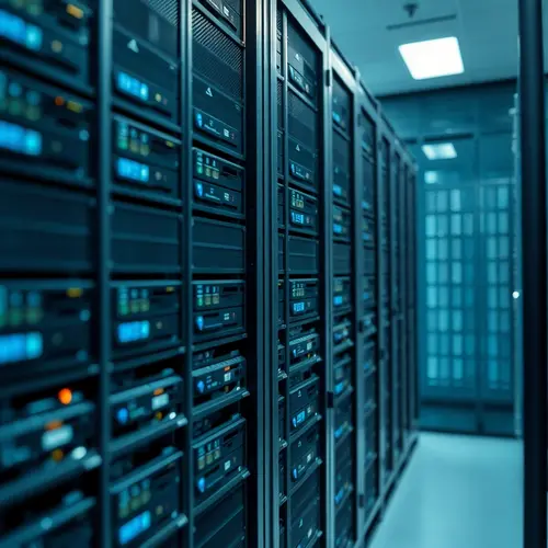 A detailed view of server racks within a modern data center, showcasing the dense arrangement of hardware and cool lighting.