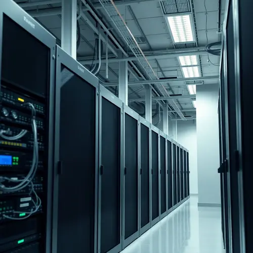 Photograph of server racks in a modern, clean data center, illustrating technological infrastructure.