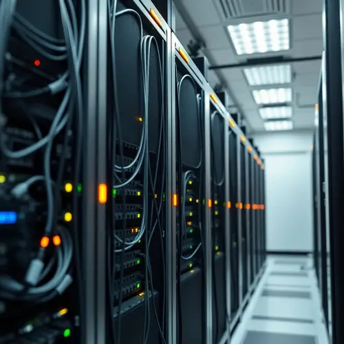 Server racks and blinking lights in a data center