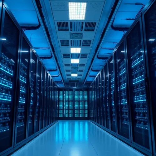 Image of a modern data center with server racks and blue lighting