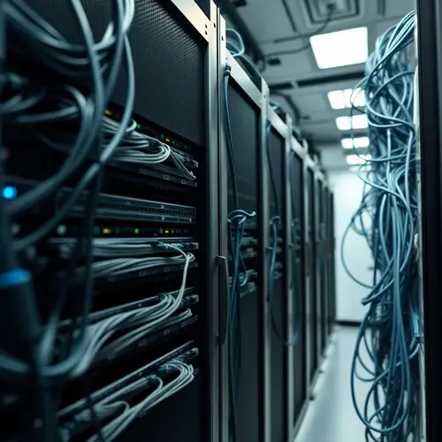 Close-up photograph of server racks and network cables inside a modern data center.