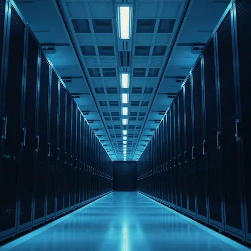 A modern data center aisle with rows of server racks, illustrating advanced data infrastructure.