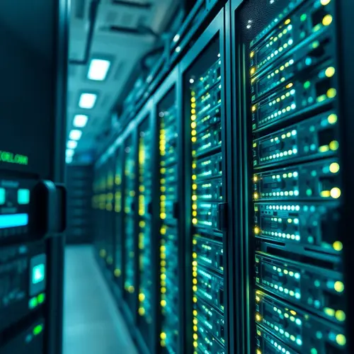 Detailed view of server racks and computing hardware in a modern data center environment