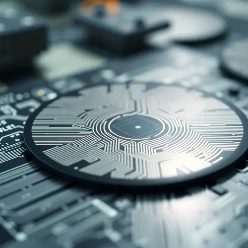 A detailed macro photograph of a silicon semiconductor wafer displaying complex integrated circuit designs.