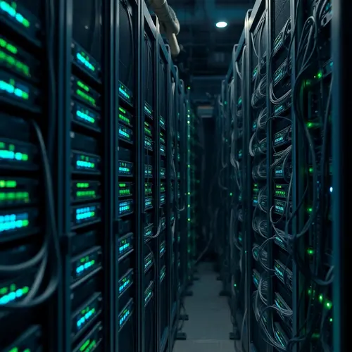 Row of server racks with indicator lights in a modern data center.
