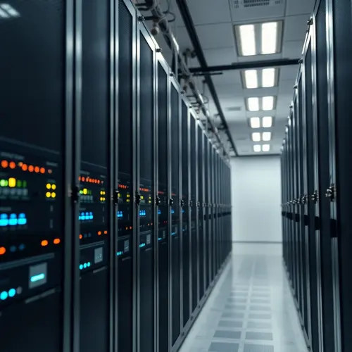 Rows of computer servers within a large, modern data center, indicating data processing and infrastructure.