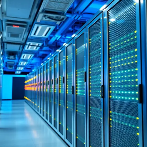 Server racks with blinking lights in a data center, representing enterprise AI infrastructure.