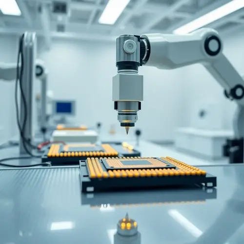 Robotic arm in a cleanroom facility precisely handling a silicon wafer, symbolizing global semiconductor manufacturing.