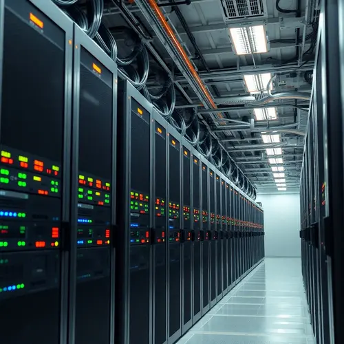 Detailed view of server racks with blinking lights and cables in a contemporary data center.