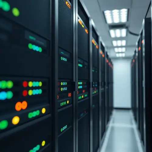 Rows of server racks with blinking indicator lights in a data center