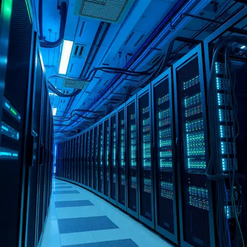 Rows of blinking servers in a modern data center with blue lighting.