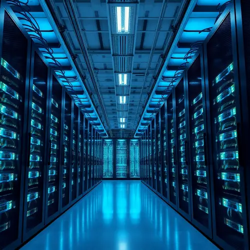A clean, modern data center featuring multiple rows of server racks with operational lights.